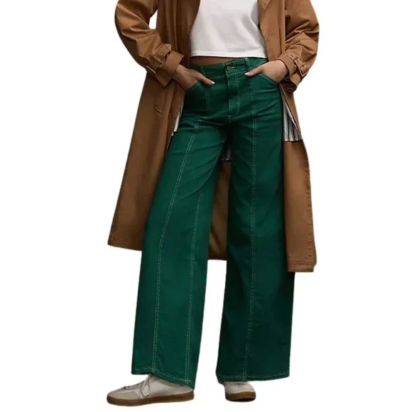 Anthropologie Maeve Pants Womens 27 Green Delaney Wide Leg Stitched High Rise - Picture 1 of 12